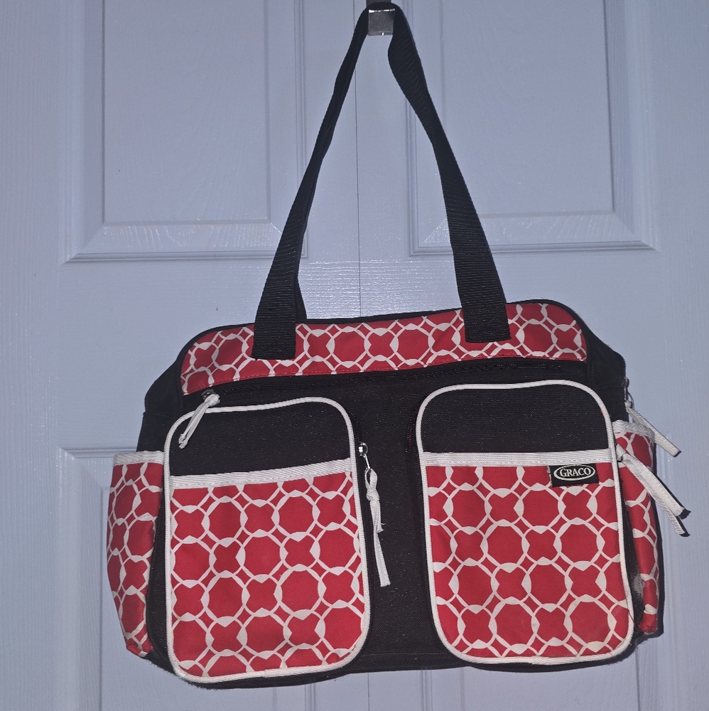 Graco Red Canvas Multipockets Large Diaper Shoulder Bag